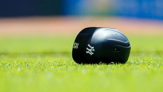 May 21, 2023; Cincinnati, Ohio, USA; The helmet of New York Yankees third baseman DJ LeMahieu (26) during the fifth inning against the Cincinnati Reds at Great American Ball Park. Mandatory Credit: Katie Stratman-USA TODAY Sports  